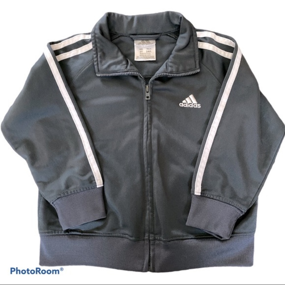 ADIDAS Tricot Track Jacket Dark Gray Iconic White Stripes Pockets Front Size 2T